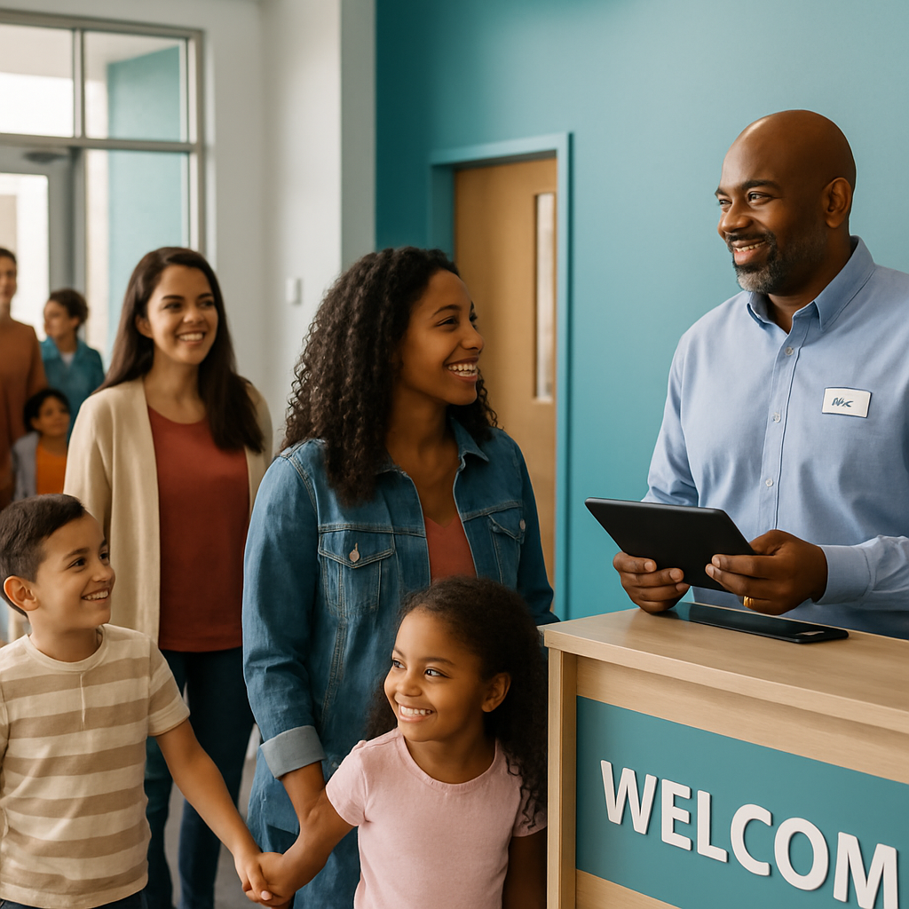 Church welcome desk with VisiConnect tablet check-in